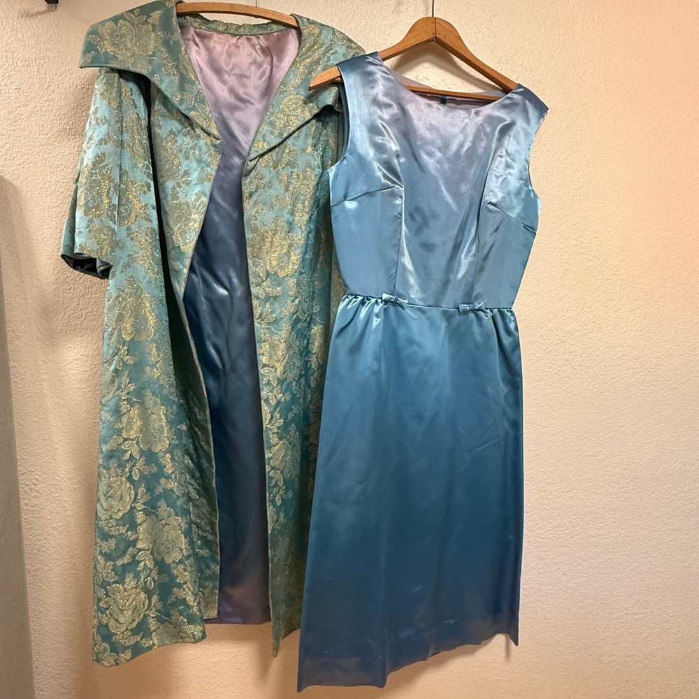 Vintage 50s Elegant Floral Satin Metallic Brocade Sheath Dress Gown Coat Set